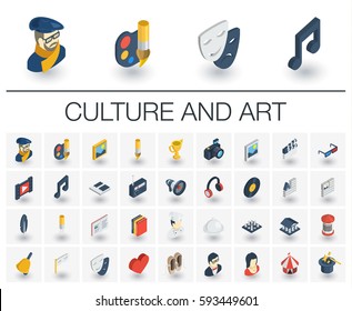 Isometric Flat Icon Set. 3d Vector Colorful Illustration With Culture, Art, Literature Symbols. Artist Palette, Theatre, Cinema And Music, Circus, Magic Colorful Pictogram Isolated On White