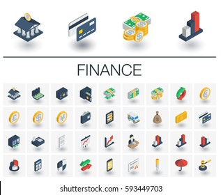 Isometric flat icon set. 3d vector colorful illustration with banking and finance symbols. Credit card, wallet, coin, safe, money bag, cash, dollar, euro, pound colorful pictogram Isolated on white svg