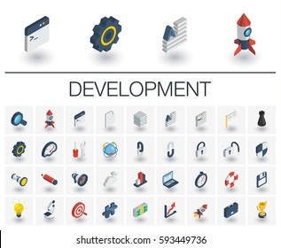 Conjunto de ícones lisos isométricos. Ilustração colorida vetorial 3d com símbolos de desenvolvimento web e aplicativo. Tecnologia de rede digital, codificação, aplicação, dados de programa pictograma colorido Isolado em branco