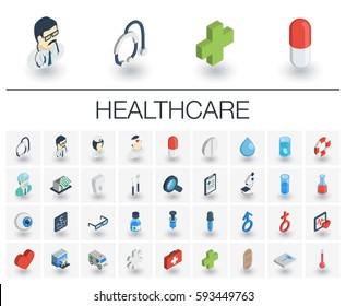 Isometric flat icon set. 3d vector colorful illustration with medical, medicine, healthcare symbols. Dentist, health, ambulance, care, doctor, pills, cross colorful pictogram Isolated on white