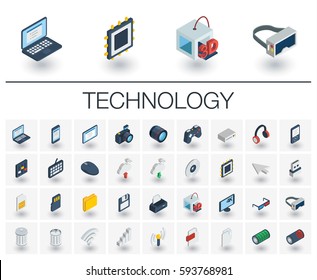 Isometric flat icon set. 3d vector colorful illustration with technology, digital symbols. Cloud computing, print, VR glasses, 4k resolution and wireless colorful pictogram Isolated on white