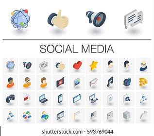 Isometric Flat Icon Set. 3d Vector Colorful Illustration With Social Media And Digital Technology Symbols. Like, Speech Bubble, Avatar, Computer, Web, Mobile Colorful Pictogram Isolated On White