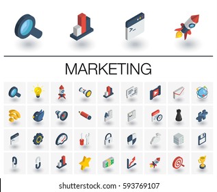 Isometric Flat Icon Set. 3d Vector Colorful Illustration With SEO Symbols. Digital Network, Analytics, Social Media And Market Colorful Pictogram Isolated On White