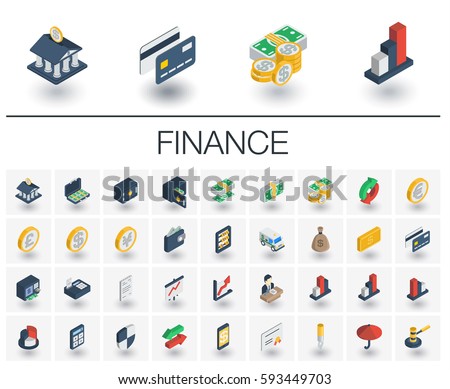 Isometric flat icon set. 3d vector colorful illustration with banking and finance symbols. Credit card, wallet, coin, safe, money bag, cash, dollar, euro, pound colorful pictogram Isolated on white