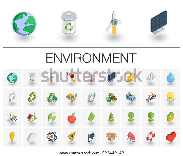 Isometric flat icon set. 3d\
vector colorful illustration with ecology symbols. Eco, bio,\
environmental, wind power, recycle colorful pictogram Isolated on\
white