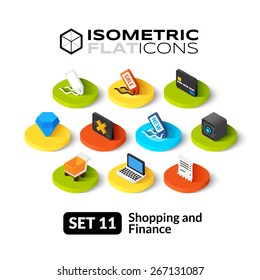 Isometric flat icons, 3D pictogram vector set 11 - Shopping and finance symbol collection 