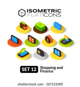 Iconos planos isométricos, conjunto vectorial 3D 12 - Colección de símbolos de compras y finanzas 