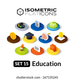 Isometric Flat Icons, 3D Pictogram Vector Set 15 - Education Symbol Collection 