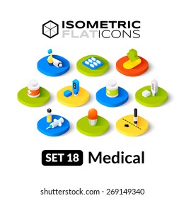 Isometric Flat Icons, 3D Pictogram Vector Set 18 - Medical Symbol Collection