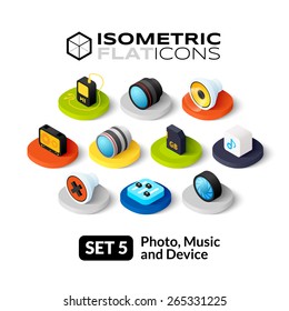 Isometric flat icons, 3D pictograms vector set 5 - Photo music and device symbol collection