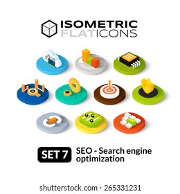 Isometric Flat Icons, 3D Pictograms Vector Set 7 - Search Engine Optimization Symbol Collection