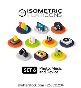 Isometric flat icons, 3D pictograms vector set 6 - Photo music and device symbol collection