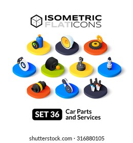 Isometric flat icons, 3D pictograms vector set 36 - Car parts and services symbol collection