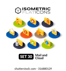 Isometric Flat Icons, 3D Pictograms Vector Set 30 - Mail And Cloud Symbol Collection