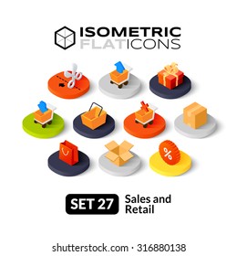 Isometric flat icons, 3D pictograms vector set 27 - Sales and retail symbol collection