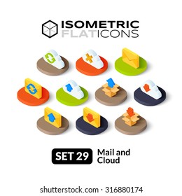 Isometric flat icons, 3D pictograms vector set 29 - Mail and cloud symbol collection