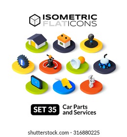 Isometric flat icons, 3D pictograms vector set 35 - Car parts and services symbol collection