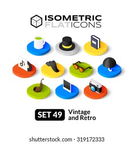 Isometric flat icons, 3D pictograms vector set 49 - Vintage and retro symbol collection