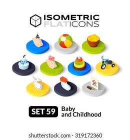 Isometric flat icons, 3D pictograms vector set 59 - Baby and childhood symbol collection