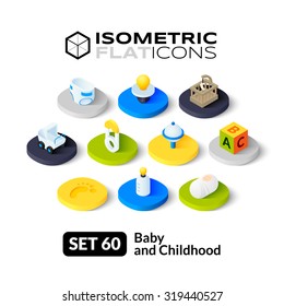 Isometric flat icons, 3D pictograms vector set 60 - Baby and childhood symbol collection