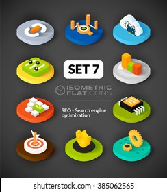 Isometric flat icons, 3D pictograms vector set 7 - Search engine optimization symbol collection
