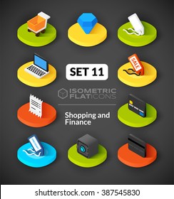 Icono plano isométrico, pictogramas 3D conjunto vectorial 11 - Colección de símbolos de compras y finanzas