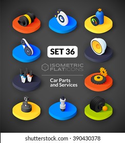 Isometric flat icons, 3D pictograms vector set 36 - Car parts and services symbol collection