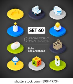 Isometric flat icons, 3D pictograms vector set 60 - Baby and childhood symbol collection