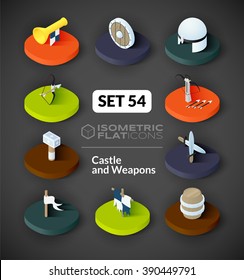 Iconos planos isométricos, conjunto de Vectores de pictogramas 3D 54 - colección de símbolos de castillo y armas