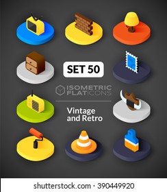 Isometric flat icons, 3D pictograms vector set 50 - Vintage and retro symbol collection