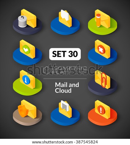 Isometric flat icons, 3D pictograms vector set 30 - Mail and cloud symbol collection