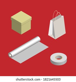 isometric flat icons set, eco friendly white paper bag for gifts or shopping, brown cardboard box with lid, white paper packaging roll, ribbon in roll, on red background with hint of sales and holiday