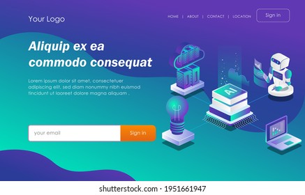 Isometric flat illustration concept. artificial technology and cloud with analytical data 