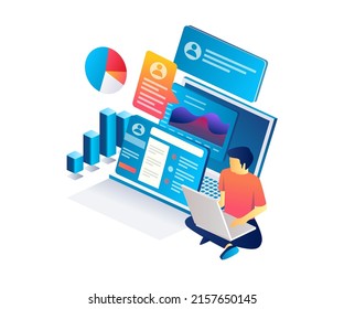 Isometric flat illustration concept. man analyzing data with laptop