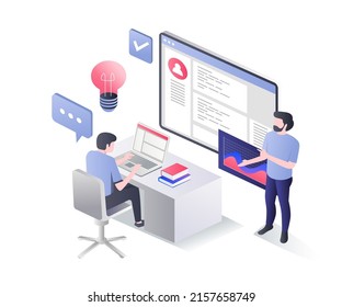 Isometric flat illustration concept. man copying lessons on monitor