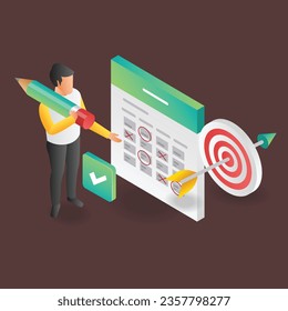 isometric flat illustration concept of man marking calendar for business