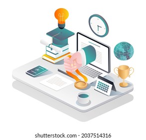 Isometric flat illustration concept. online study desks and get certificates