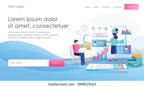 Isometric flat illustration concept. some people in meeting and data analyst
