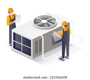 Isometric flat illustration concept. two men maintaining an HVAC cooler