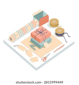 An isometric flat illustration of gift wrapping supplies including paper rolls, stacked gift boxes, ribbons, scissors, and tags on a table.