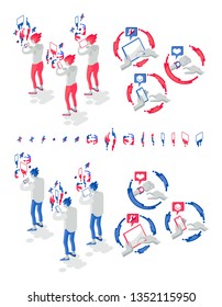 Isometric Flat Illustrations of male and female with wearable and mobile devices. Could be used as single illustration and elements as well as complex illustration.