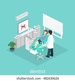Isometric flat interior of dentist's office. Doctors treating the patient. Flat 3D illustration
