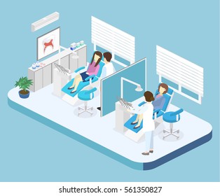 Isometric flat interior of dentist's office. Flat 3D illustration