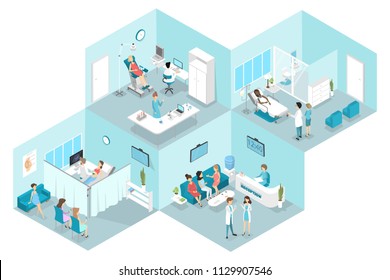 Interior isométrico y plano de ginecología con salas de recepción, laboratorio, espera y examen. Médicos que atienden a pacientes en el hospital. Ilustración vectorial plana