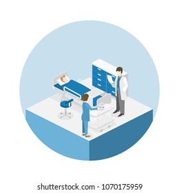 Isometric flat interior of hospital room. Doctors treating the patient. Flat 3D illustration