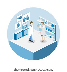 Isometric flat interior of hospital room. Doctors treating the patient. Flat 3D illustration