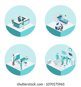 Isometric flat interior of hospital room, pharmacy, doctor's office, waiting room, reception, mri, operating. Doctors treating the patient. Flat 3D vector illustration