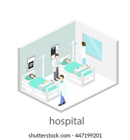 Isometric flat interior of hospital room. Doctors treating the patient.