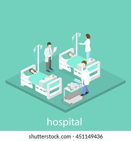 Isometric flat interior of hospital room. Doctors treating the patient.