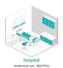 Isometric Flat Interior Of Hospital Room. Flat 3D Illustration